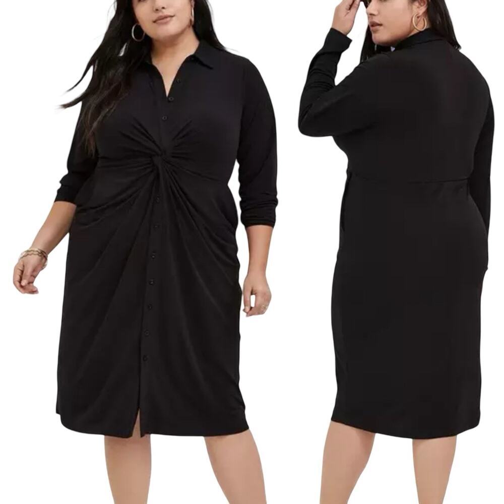 Torrid Knit Button Front Twist Knee Length Shirt Dress Size 3X Black Stretch NWT